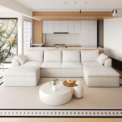 Abrihome "137.9"" Modular U-Shaped Linen Sectional Sofa with Ottomans"
