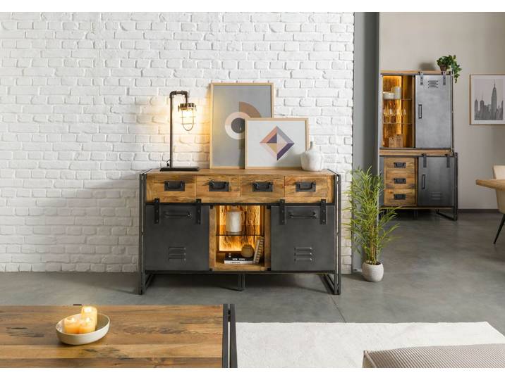 Sideboard Mango / Altholz 150x45x90 natur / grau lackiert / Metall grau BLACKBURN LUX #410