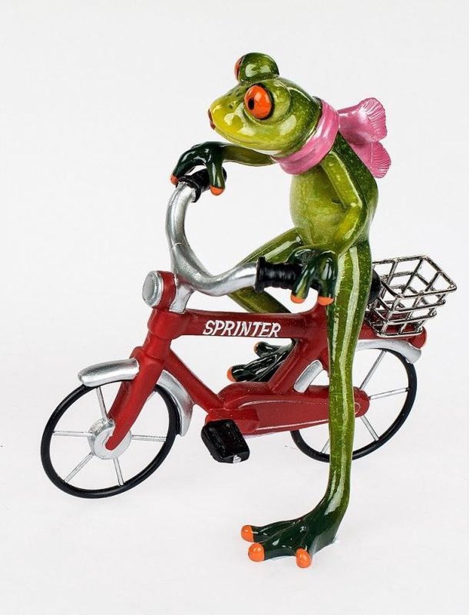 Decoratief figuur Kikker op rode fiets, 17 cm
