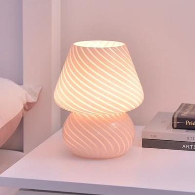 Inspired Living LumiGlow Striped Glass Mushroom Table Lamp Modern LED Bedside Desk Light pink Texture us Adapter