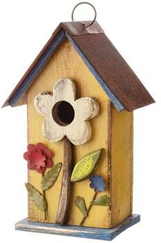 "Glitzhome 10""H Multicolor Cute Distressed Solid Wood Birdhouse with 3D Flowers"