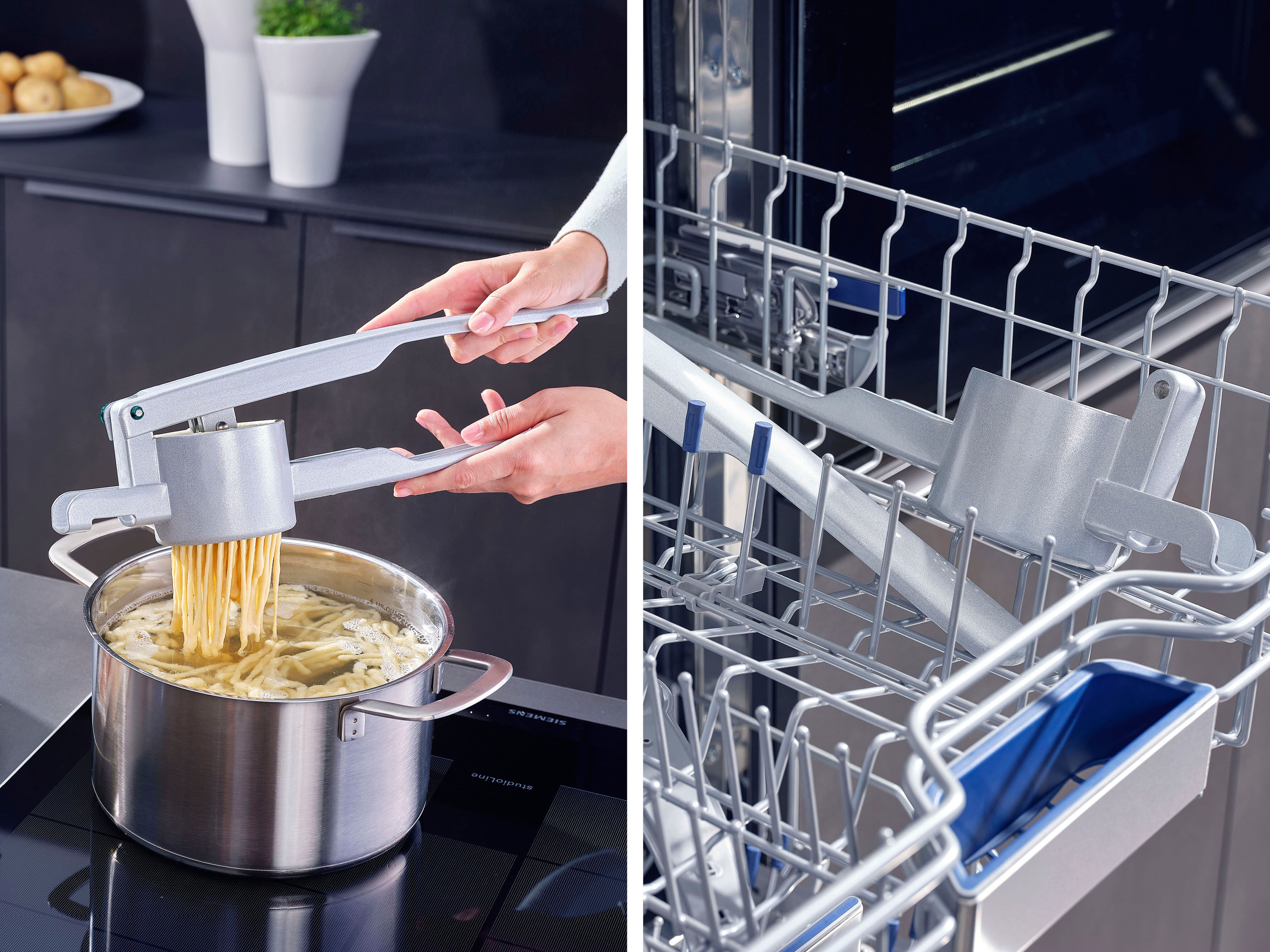Kartoffelpresse LEIFHEIT "3242", grau (anthrazit), B:9,5cm L:42cm T:11cm, Metall, Küchenpressen, Kartoffelpresse, für Kartoffel, Spätzle usw. anthrazit Einheitsgröße