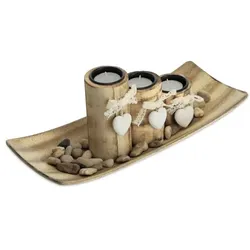 Relaxdays 3 Herz Teelichthalter mit Tablett Weiß,Hellbraun