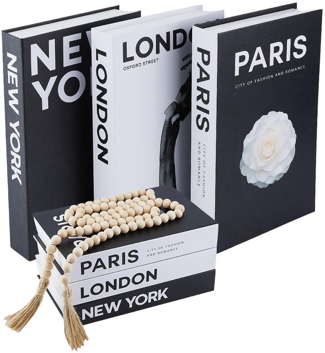 Set van 3 Decoratieve Faux Boeken met Houten Kralen London Paris New York voor Tafeldecoratie