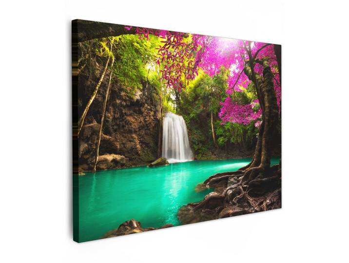 LEINWANDBILD Wasserfall mit bunten Blumen und Bäumen - Natur - Dschungel Wandbilder 80x60 cm