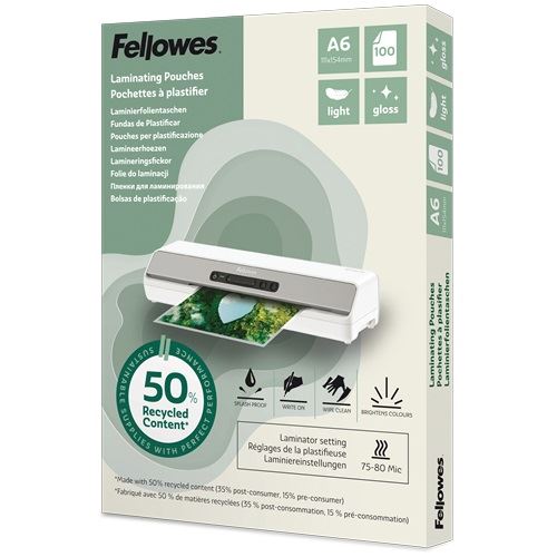 Fellowes Laminierfolien mit 50% recyceltem Anteil glänzend für A6 75-80 micron, 100 St.