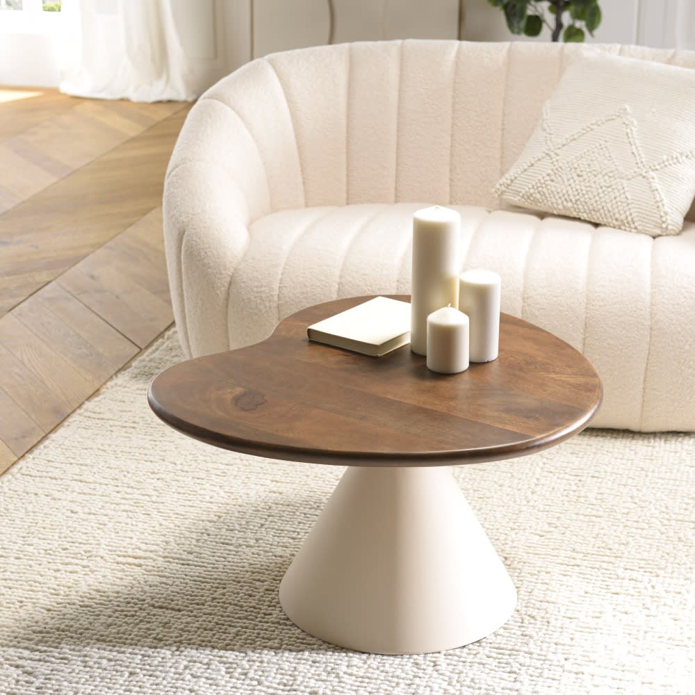 MACABANE Table basse ovoïde plateau en manguier pied en métal ivoire Marron 72x39x64cm