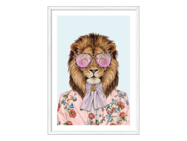 Tableau Lion With Glasses I Panneau de fibres de bois à densité moyenne MDF , pelliculé Bleu/Rose foncé/Marron 105 x 75 x 3cm