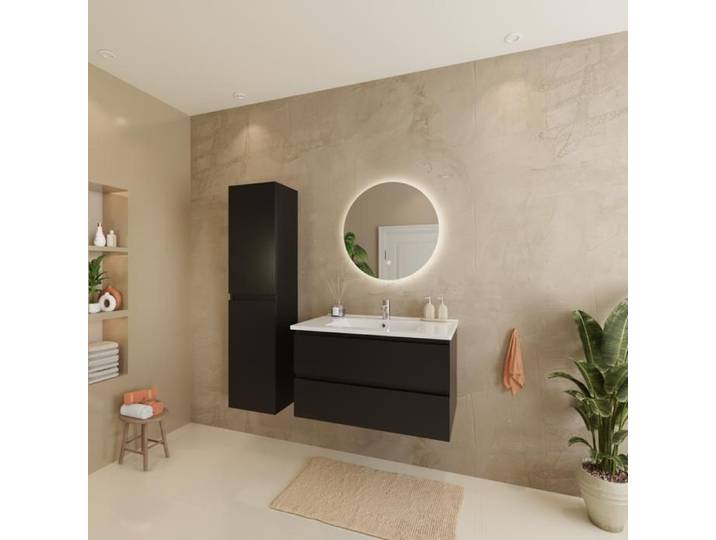LOMAZOO Ensemble de meubles de salle de bains VERONA 80 cm - Avec armoire haute - Noir mat - Lavabo blanc