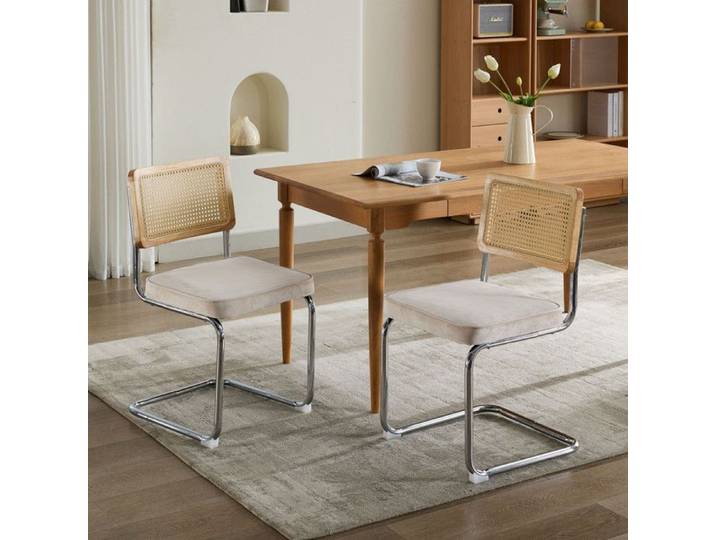 NuvlaGu - Lot de 2 Chaises de salle à manger en rotin assise recouverte de velours support en métal robustes et stables - Beige