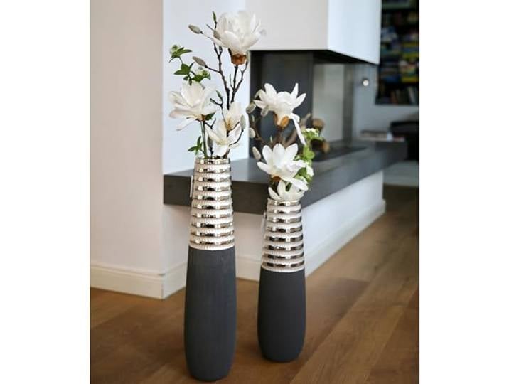GILDE Deko Vase Bodenvase Newtown - Keramikvase - grau-matt - Silber-glänzend – Vase groß Höhe 50 cm - Breite 15 cm