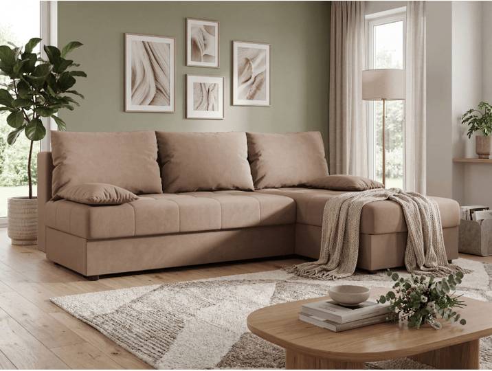 ANGEBOT Ausziehbares beidseitiges Ecksofa VENORIA SLIM 200x143 cm, beige + 2 Kissen GRATIS II. Qualität