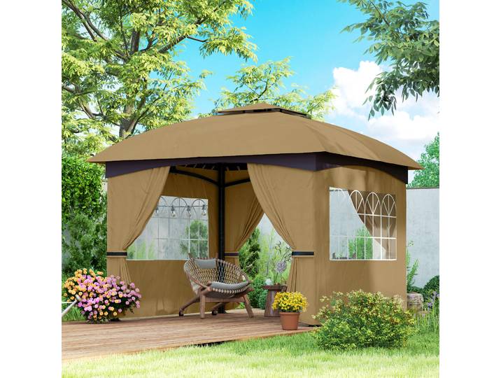 Outsunny Pavillon de jardin 3,4 x 3,4 m, chapiteau avec toit ventilé, fenêtres arquées, structure en acier, Beige