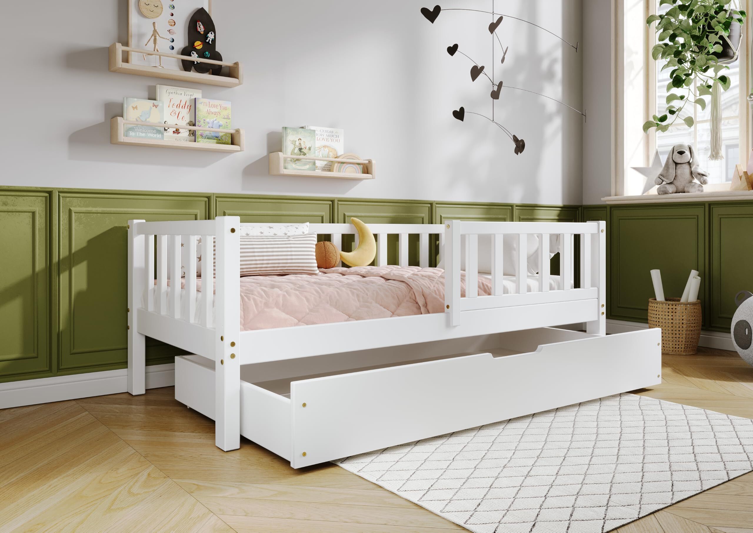 TIMBEE LENA Box Kinderbett Holz Bett mit Schublade - Weiß - 100x200cm
