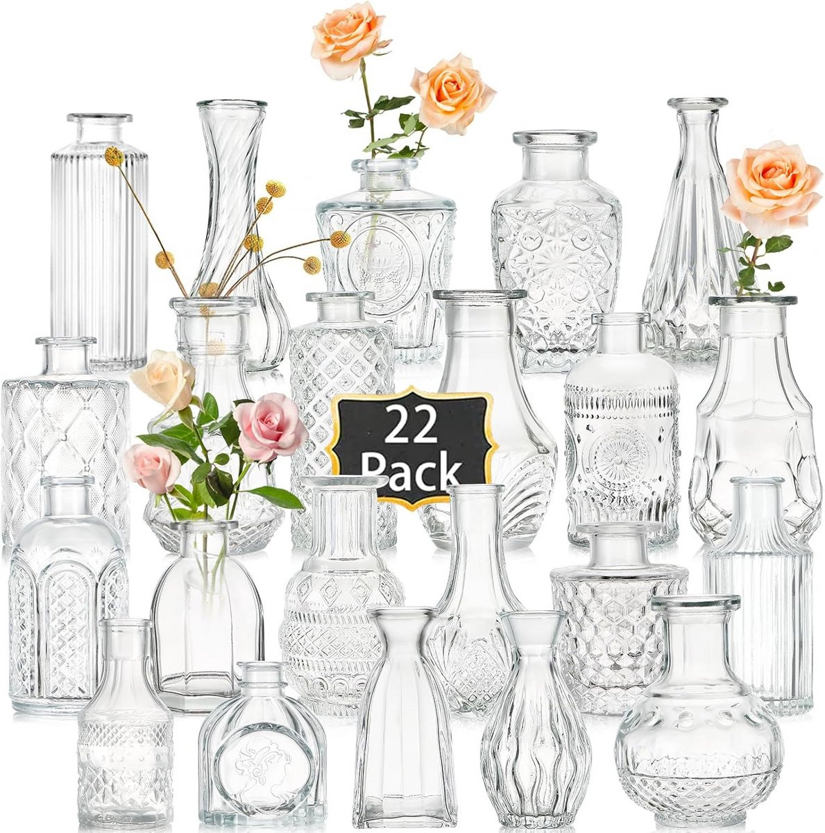 Set van 22 kleine glazen bloemenvaasjes voor decoratie