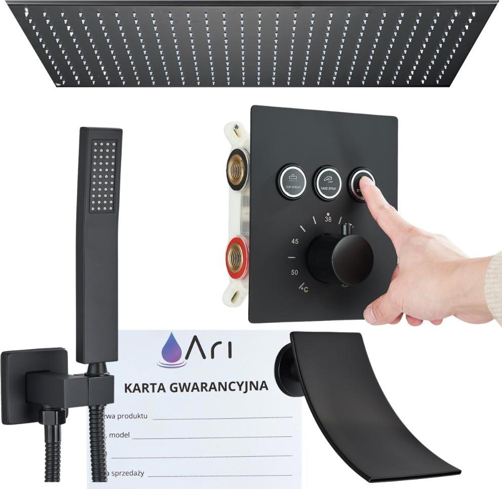 Unterputz Duscharmatur Ari Thermostat, Regendusche mit Wasserfall und Handbrause, 80 x 40 cm, Schwarz