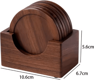 Inspire Curations 6 Piece Walnut Wood Coaster Set Round Japanese Style Table Protection Decor walunt Wood