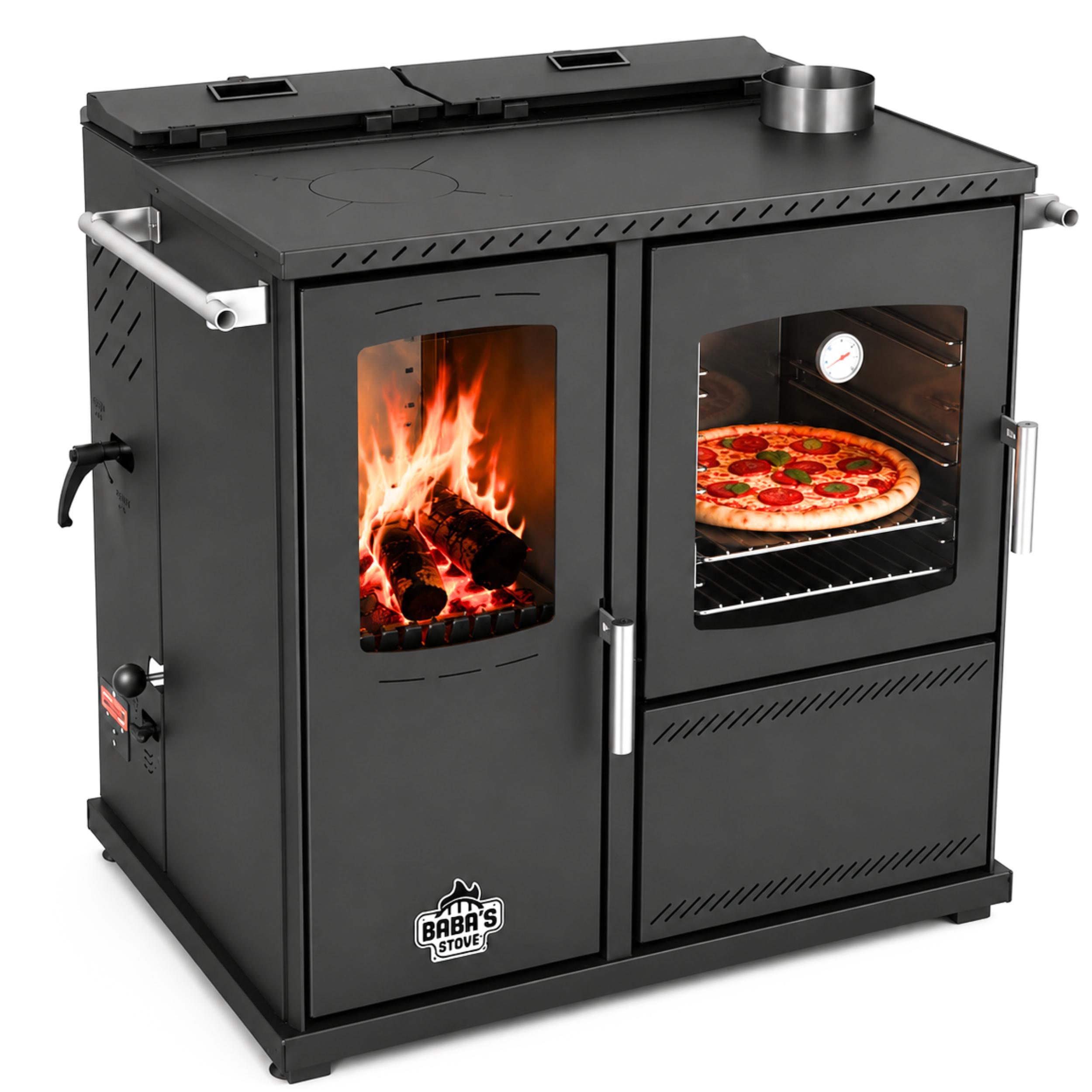 Babas Saphire Hybridofen Pellets und Holz Kombiofen Kaminofen mit Backfach und Herdplatte 10 kW Pelletofen ohne Strom Holzofen Holz Ofen Kamin