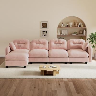 Unbranded "140"" 4-Seater Modular Chenille Sectional with Tufted Back, 2 Pillows, Optional 0-2 Ottomans"