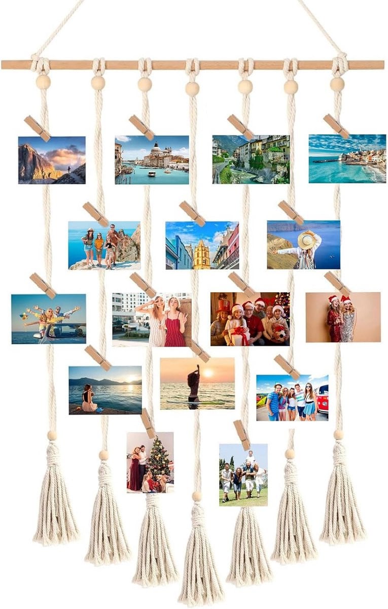 Hangende Fotowand Macramé Decoratie met 30 Clips in Beige