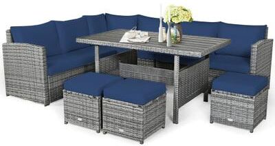 Costway 7 Pieces Patio Rattan Dining Furniture Sectional Sofa Set with Wicker Ottoman-Navy