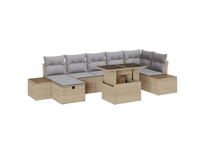 KTHLBRH Gartenmöbel-Set, 8-teilig, aus Polyrattan, Beige Poltracan, massives Akazienholz, Kissen aus Polyesterfaser, Tisch mit Glasplatte, versteckte Aufbewahrung