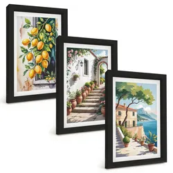 BILDER SET 3er Set - 20x30 cm Schwarzer Rahmen - Zitronen, Blumen, Meerblick