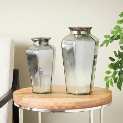 ARCILLA ELEMENTAL "Gray Glass Hexagon Geometric Decorative Vase (Set of 2) - 13"", 11""H"