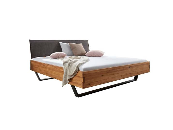 Trendstore Gertrud Bett in massiver Wildeiche und Polsterkopfteil - 140 x 200 Industrial, Modern, Natur