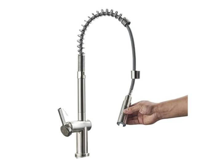Küchenarmaturen, Bürsten-Messingarmaturen for Küchenspüle, Einhebelmischer mit herausziehbarem Federauslauf, Wasserhahn for heißes und kaltes Wasser Kommerziell(Nickel)
