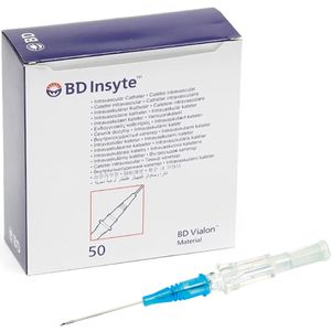 BD Kanülen Insyte Venenverweilkatheter, 50 Stück, 22G x 0,9 Zoll, blau, sterile Verweilkanüle