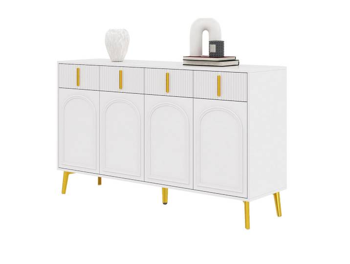 Modfu Kommode aus MDF 140x38x82cm in Weiß mit 4 Türen & 4 Schubladen, 140x82x38 cm, Kleinmöbel, Kommoden, Kommoden