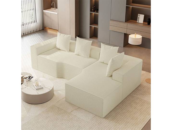 DRIPEX Canapé d'angle droit 4/5 places en Velours Côtelé Beige Canapé compressé avec 4 coussins méridienne droite 270x152x59cm