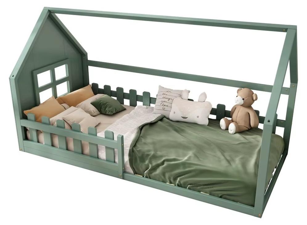 Hausbett - Kinderbett 90 x 200 cm - Kiefernholz - Flaches Bett - Kindersicheres Design - Einfache Montage - Grün