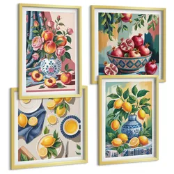 BILDER SET 4er Set - 50x50 cm & 40x60 cm Goldrahmen - Blumen und Früchte in Vasen