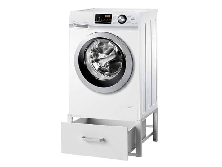 DanDiBo Waschmaschinen Untergestell mit Schublade Metall Weiß 96502 Waschmaschinenunterschrank Waschmaschinensockel Erhöhung Podest Modern Gummiert