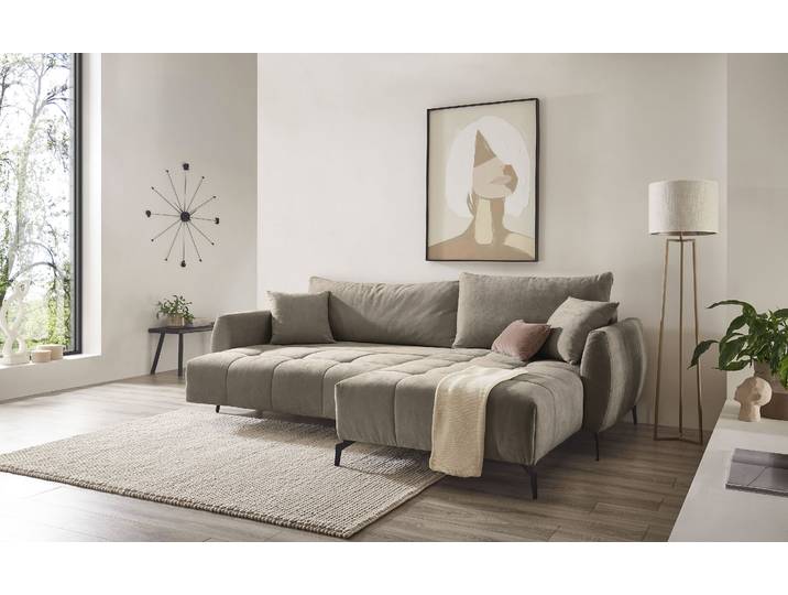 Ecksofa GOODPRODUCT JINNIE Chenille, L-Form, Polsterecke m. Schlaffunktion , beige (hellbraun), B:287cm H:94cm T:197cm, Sofas, Ecksofa, Recamiere links/rechts montierbar, als Webstoff oder Chenille-Stoff