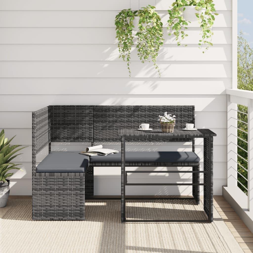 Kleine Rattan-Ecklounge mit Klapptisch für Balkon und Garten, L-Form, graues Balkonsofa