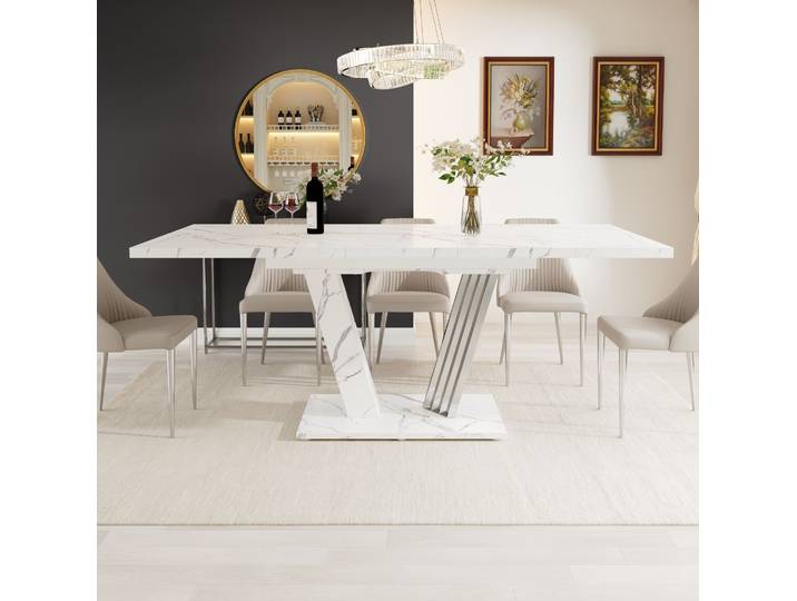 Meubliv Table À Manger Extensible 120-160x80x76 Cm Blanche – Motif Marbré