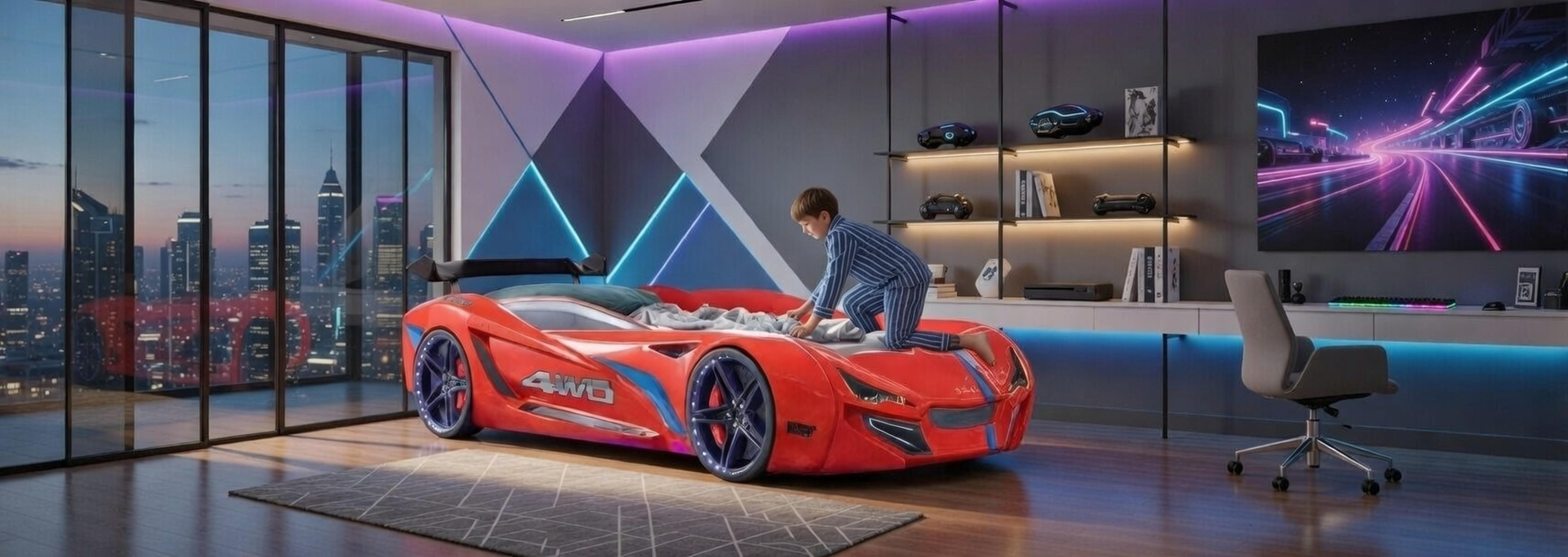 Kinderbett in Rennwagen Design mit LED Beleuchtung und Komfort