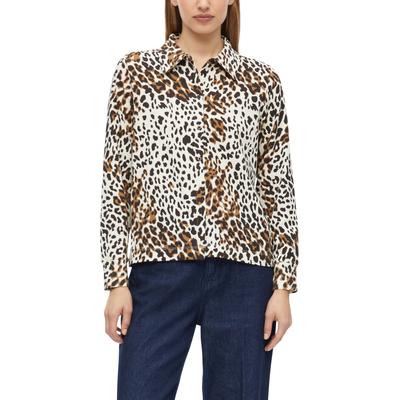 Hemdbluse S.OLIVER, Damen, Gr. 46, braun (almond aop), Jersey, Obermaterial: 95% Baumwolle, 5% Elasthan, bedruckt, normal hüftlang, angesetztes Bündchen, Blusen Hemdbluse, Angesetzte, elastische Bündchen an Ärmeln