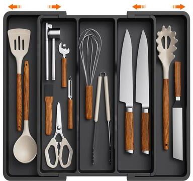 Uplift Treasures Expandable Kitchen Drawer Utensil Organizer Tray black No Tableware