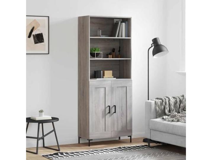 RJPLMFV Anrichte hoch, grau, Sonoma, 69,5 x 34 x 180 cm Holzwerkstoff, Metallbeine, Drehtürenschrank, geräumige Aufbewahrung
