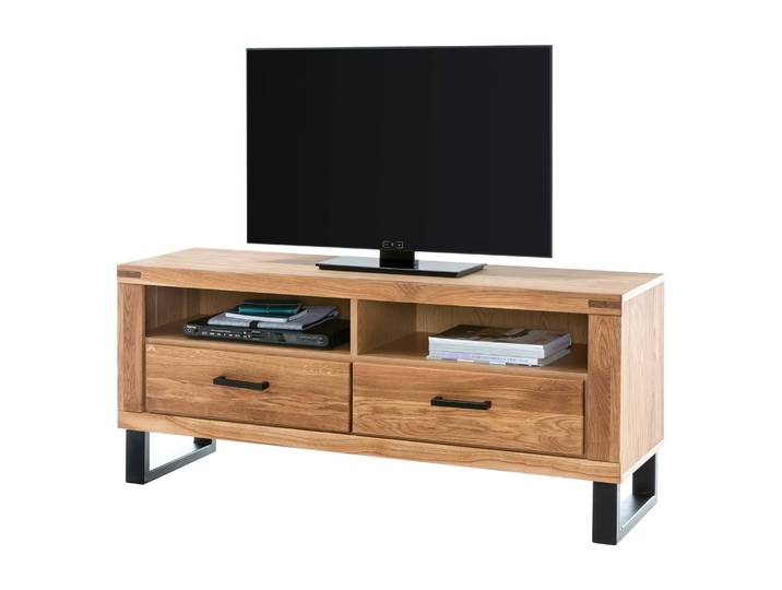 TV-Lowboard I Front: Massivholz Eiche, geölt Korpus: MDF Mitteldichte Holzfaserplatte , furniert Griffe & Gestell: Metall, pulverbeschichtet