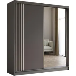 KLEIDERSCHRANK mit Spiegel-Schiebetüren und Aluminium-Leisten - NALLA - 200 cm Grau+Grau+Weiß