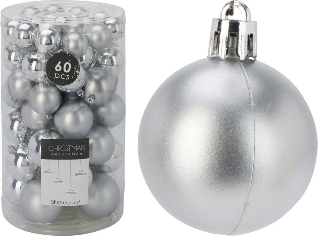 Set van 60 onbreekbare zilveren kerstballen van kunststof met verschillende diameters
