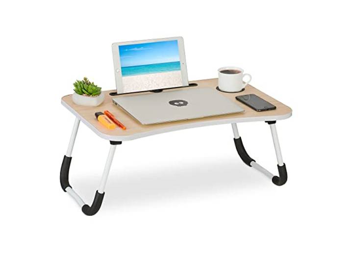 Relaxdays Table lit et canapé Ordinateur Portable\, Porte-Tablette Encoche gobelet\, HxLxP: env. 26x63x40 cm\, Nature/Blanc