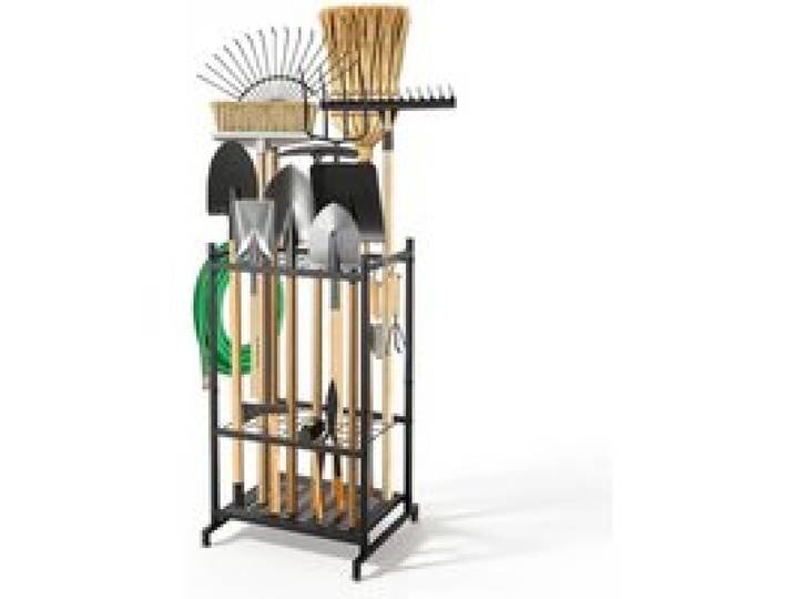 VEVOR Gartengeräte Ständer 440x405x760mm Gerätehalter aus Metall Schwarz, Aufbewahrungsregal für Garage Schuppen Garten, Organizer für Besen Mopp, mit Doppelschichtschlitzen 4 Haken & Nivellierfüßen