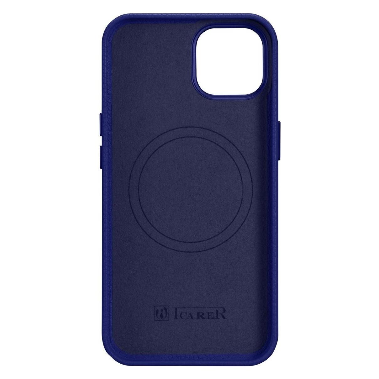 iCarer litchi Premium Ledertasche für iPhone 14 Plus Magnetische Ledertasche mit magSafe dunkelblau (Apple iPhone 14 Plus) (WMI14220711-DB)