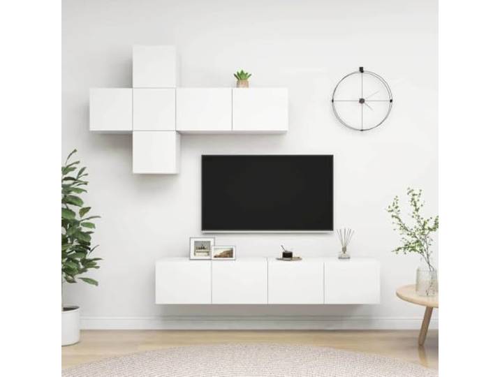 Molumvel 7-TLG. TV-Schrank-Set aus Holzwerkstoff, Wandmontage, Weiß Moderne Wohnwand, Viel Stauraum, Zeitloses Design